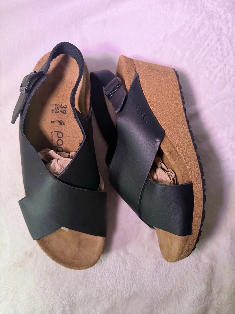 Papillio Black Leather Cork Wedge Sandals